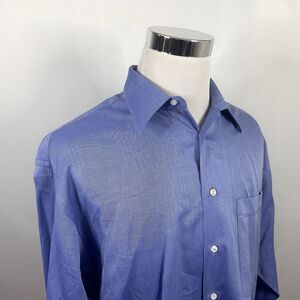 Lorenzini 16 36 Luxury Dress Shirt Blue Herringbone 100% Cotton Made in Italy